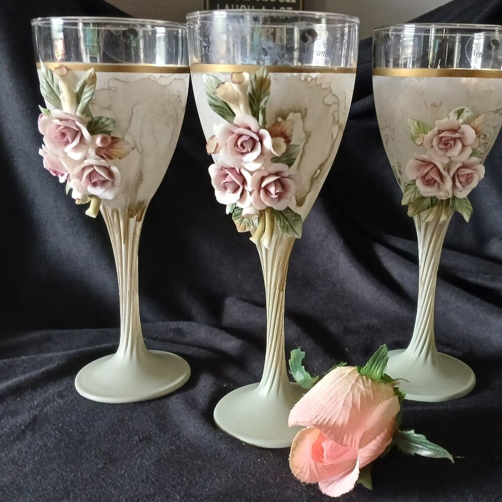 4 NEW / Arte Murano Creazioni Silvestri Frosted Wine Glasses